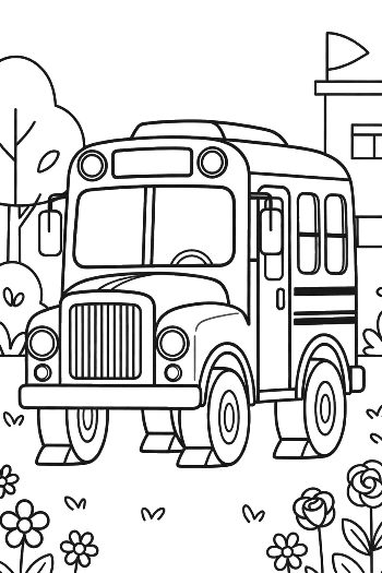 Classic Yellow School Bus Parked in a Floral Garden Coloring Page Printable
