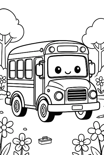 Cute Cartoon School Bus with Big Eyes in a Flower Field Printable