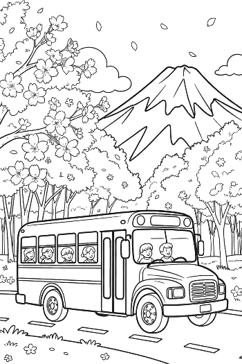 Detailed School Bus Driving Near a Snowy Mountain Range Printable