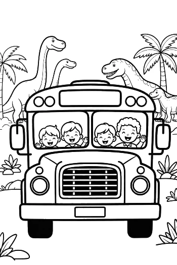 Front View of a Bus with Children and a T-Rex Background Printable