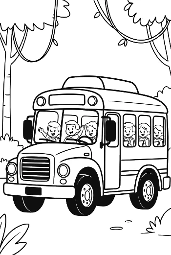 Fun School Bus Exploring a Lush Tropical Rainforest Scene Printable