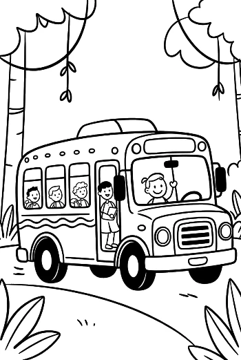 Safari Bus with Children Observing Tropical Plants and Trees Printable