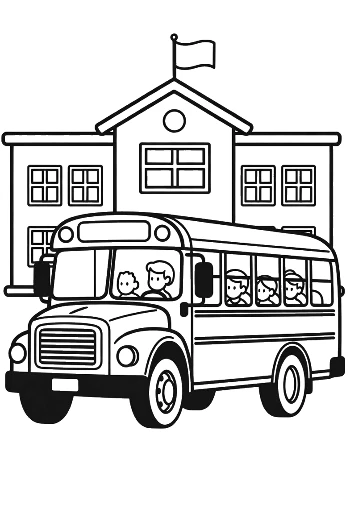 School Bus Arriving at a Large Elementary School Building Printable
