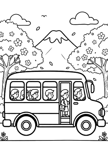 School Bus Journey with Large Mountains in the Background Printable