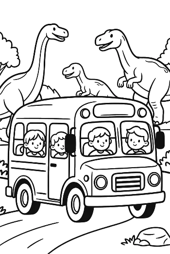 School Bus on a Prehistoric Adventure with Various Dinosaurs Printable