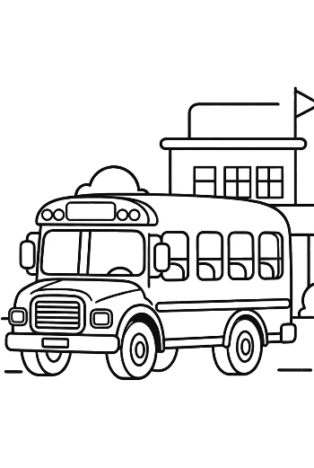 School Bus Parked in Front of a Small School Building Printable