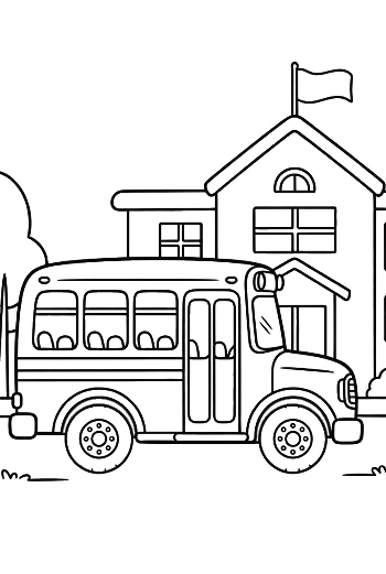 Yellow Bus Driving Past a School with a Tall Flag Pole Printable