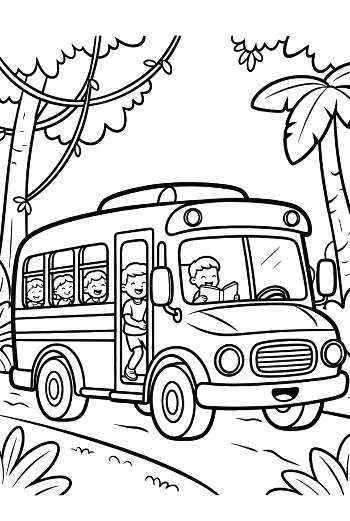 Yellow Bus on a Safari Trip Through Dense Jungle Foliage Printable