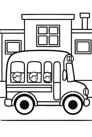 Yellow Bus Picking Up Students at the School Entrance Printable
