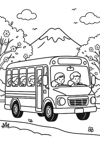 Yellow Bus Traveling Through a Scenic Mountain Valley Printable