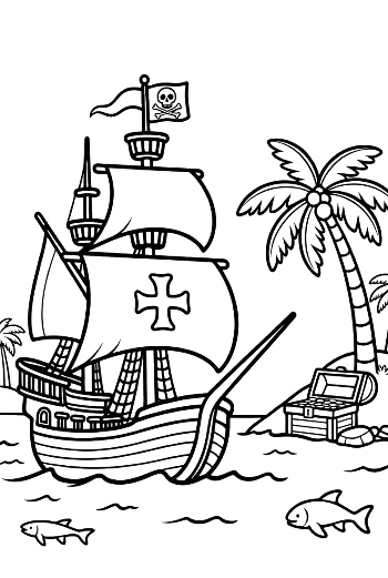 Brave Pirate Vessel Discovering a Hidden Treasure Chest Printable