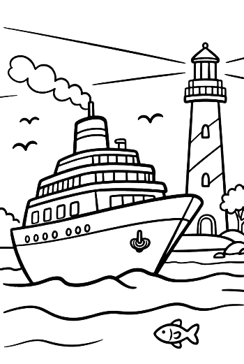 Cruise Ship Passing Coastal Lighthouse at Sea Printable