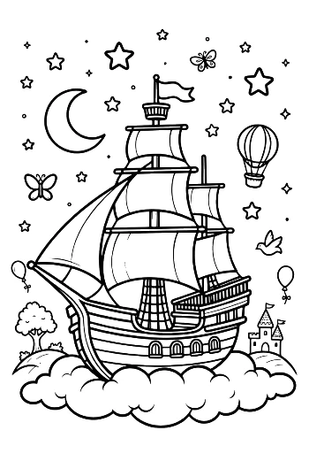 Dreamy Pirate Vessel Sailing on Moonlit Clouds Printable