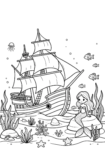 Friendly Mermaid Greeting a Sea-Bound Pirate Ship Printable
