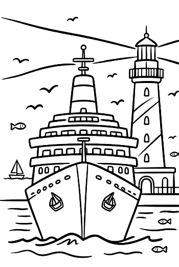 Front View of Ship Entering Lighthouse Bay Printable