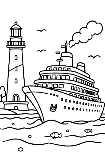 Giant Cruise Ship Docking Near Safety Lighthouse Printable