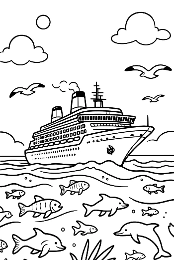 Holiday Cruise Ship Surrounded by Sea Life Printable