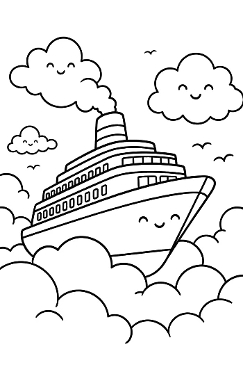 Magical Cruise Ship Floating in Cloudy Sky Printable