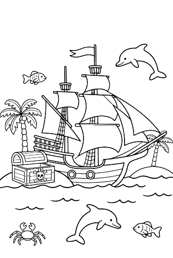 Pirate Adventure Ship Encountering Sea Mammals Printable