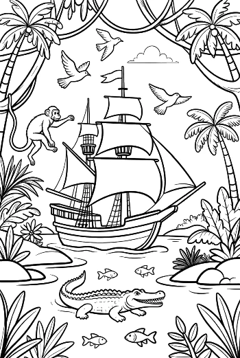 Pirate Ship Adventure Through Wild Tropical Vines Printable