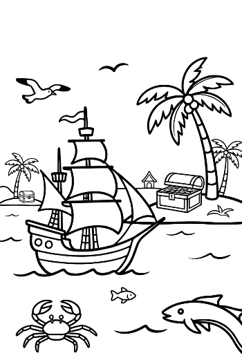 Pirate Ship Anchored Near a Tropical Palm Island Printable