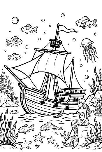 Pirate Ship Sailing Through a Coral Reef Garden Printable