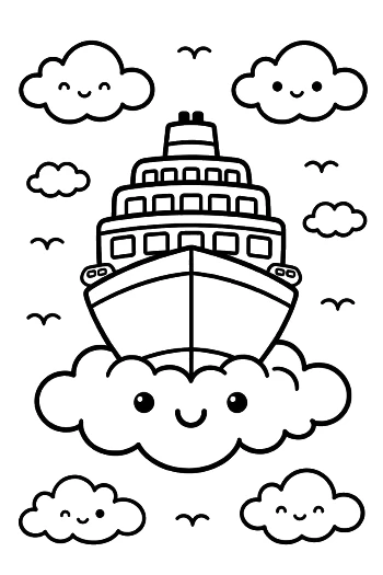 Smiling Cartoon Cruise Ship in Cloud Heaven Printable
