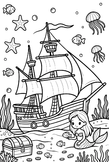 Sunken Pirate Treasure Guarded by a Mermaid Printable