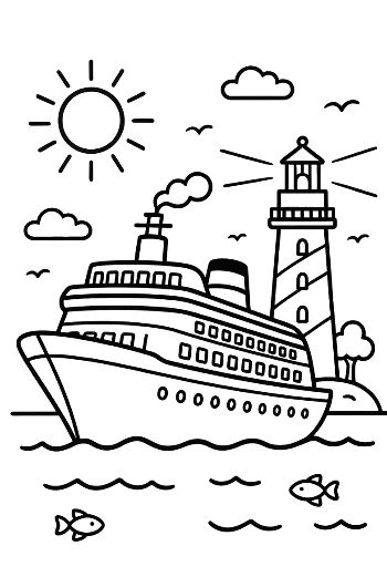 Sunny Day Cruise Ship and Shore Lighthouse Printable