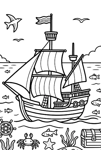 Treasure Hunter Ship Near a Sandy Beach Cove Printable