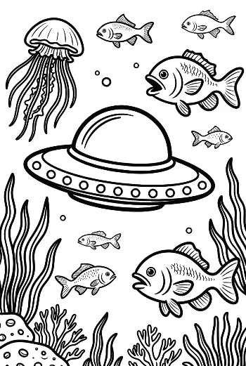 Alien Craft Exploring the Sea Floor with Marine Animals Printable
