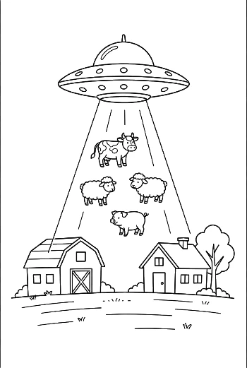 Alien UFO Craft Hovering Above Sheep in a Field Printable
