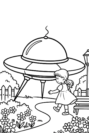 Alien UFO Parked in a Residential Neighborhood Scene Printable