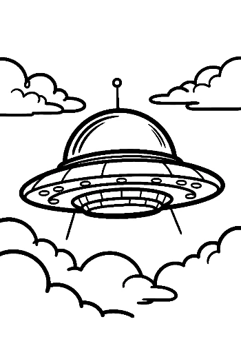 Cartoon UFO Flying Amid Fluffy Clouds