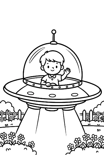 Cartoon UFO with a Boy Pilot Flying Over Flowers Printable