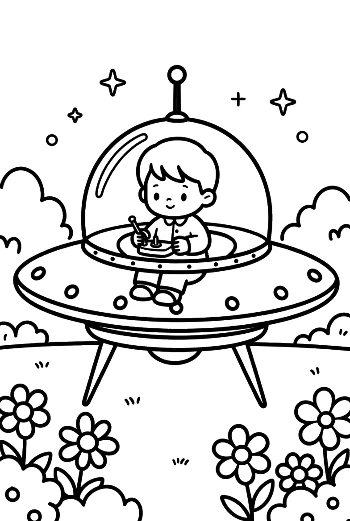 Happy Alien Kid Flying a Saucer over a Flower Field Printable