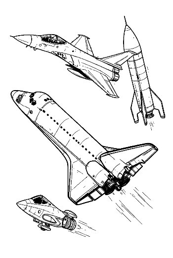 Space Shuttle, Fighter Jet, and Rocket Line Art