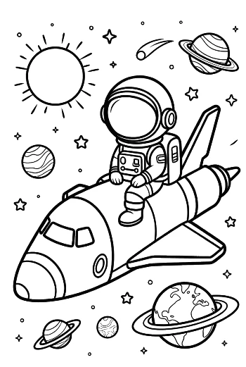 Space Shuttle Flying Through a Solar System with a Sun Printable