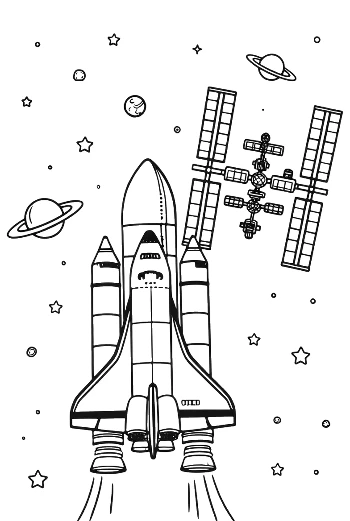Space Shuttle Performing a Mission Near a Satellite Printable