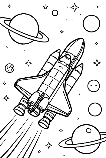 Space Shuttle Soaring Past a Large Moon and Planets Printable