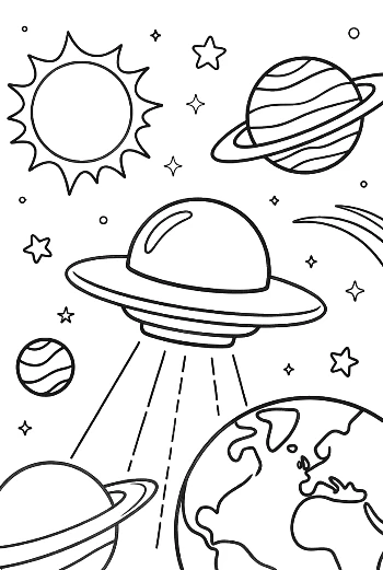 Spaceship Traveling Past Planets and Bright Stars Printable