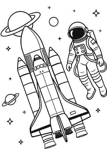 Astronaut beim Weltraumspaziergang nahe dem fliegenden Space Shuttle zum Ausdrucken