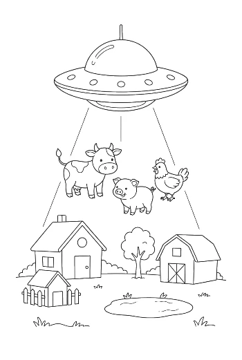 UFO Beaming Up Multiple Cows from a Country Farm Printable