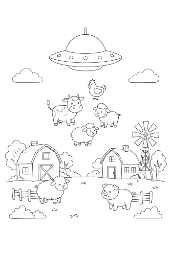 UFO Spaceship Beaming Up Farm Cows Coloring Page Printable