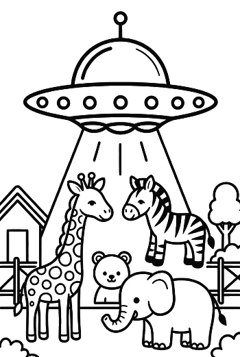 UFO Spaceship Beaming Up Zoo Animals Like Giraffes Printable