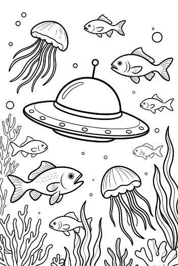 UFO Spaceship Exploring the Deep Ocean with Jellyfish Printable