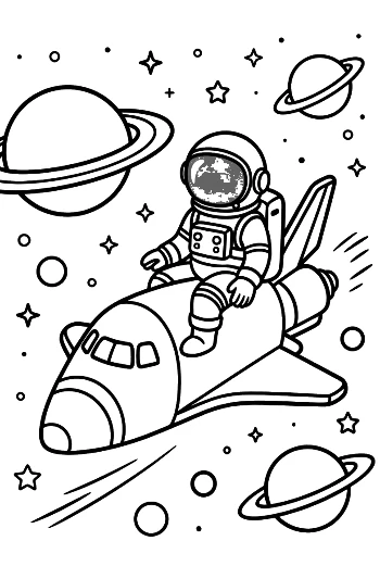 Young Astronaut Playing on a Spaceship in Orbit Coloring Printable