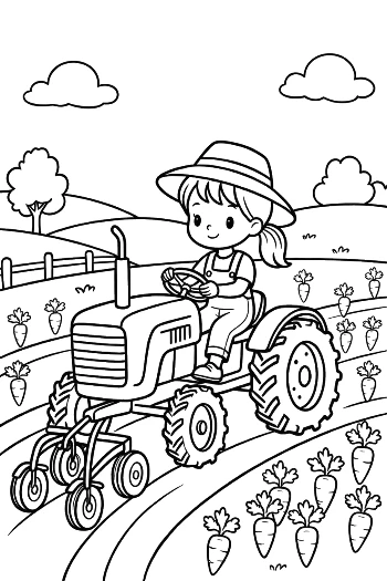 Child Farmer Planting Seeds with a Tractor in the Field Printable