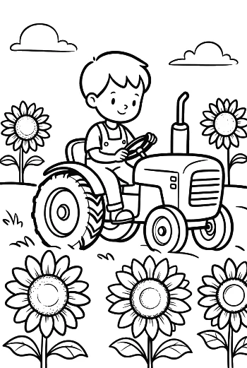 Happy Boy Operating a Tractor Between Tall Flowers Printable