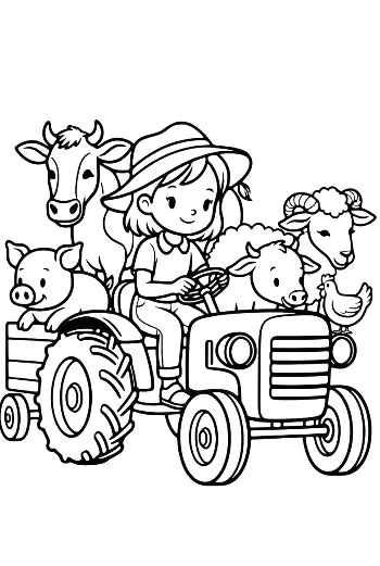 Happy Child Driving a Tractor Loaded with Various Farm Animals Printable